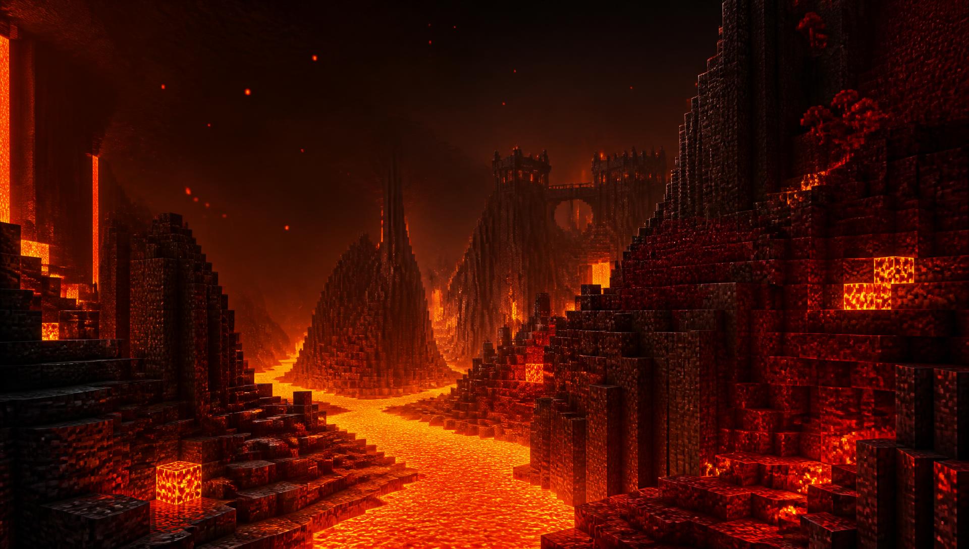 Minecraft Nether landscape with basalt cliffs and flowing lava